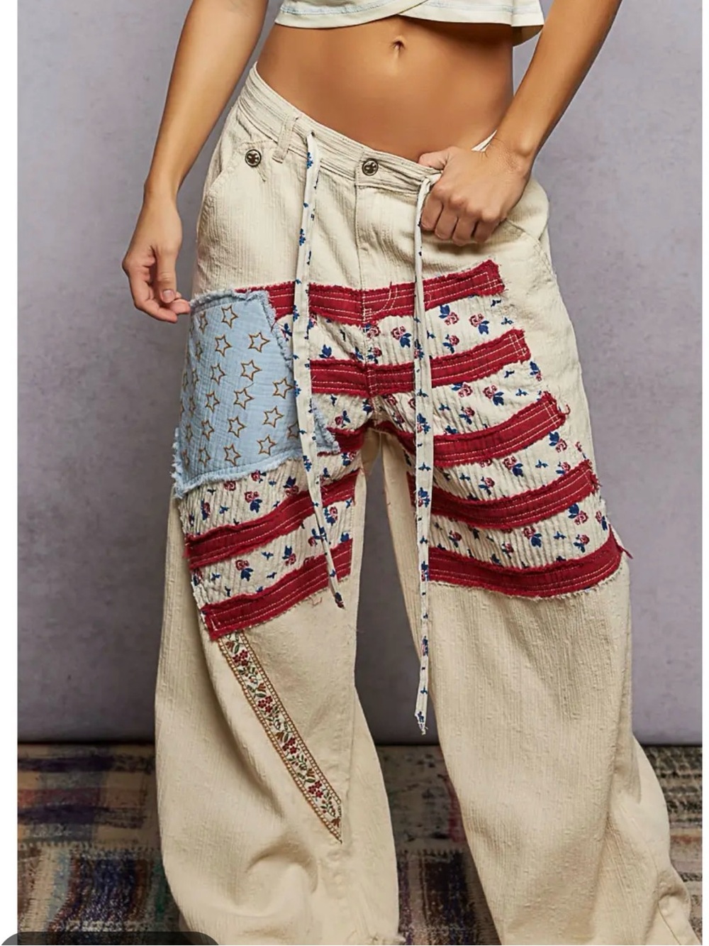 NWOT POL Clothing American Flag Patchwork Wide Leg Pants in the Natural Colorway